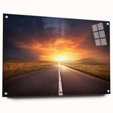 Acrylic glass wall art showcasing a vibrant landscape design with winding roads and lush greenery, displayed from a side view and secured with pins. Perfect for modern home decor.