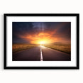Framed wall art showcasing a scenic landscape road design in black, featuring a sleek mat for added depth and elegance, perfect for modern home decor.