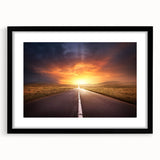 Framed wall art showcasing a scenic landscape road design in black, featuring a sleek mat for added depth and elegance, perfect for modern home decor.