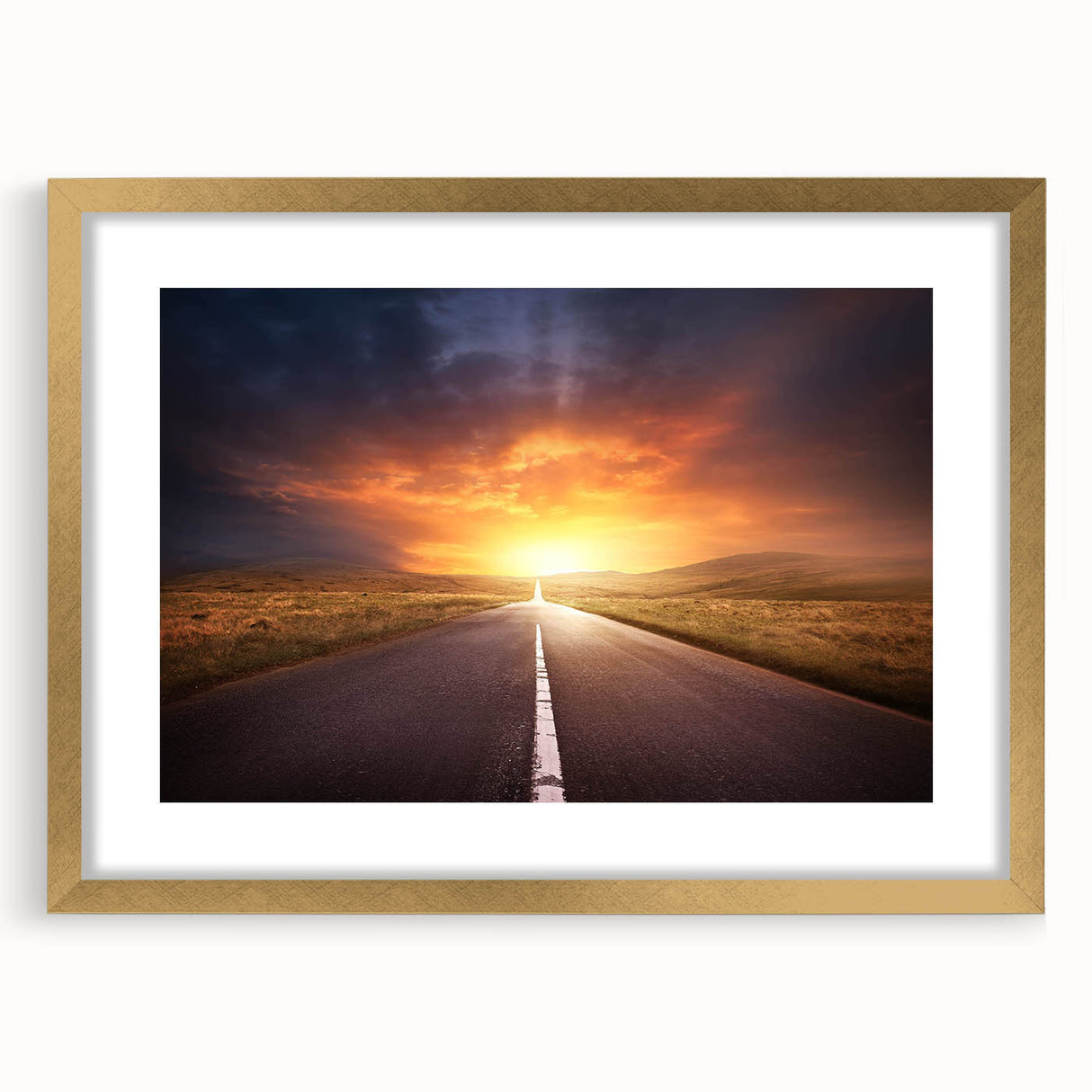 Elegant gold-framed wall art showcasing a scenic landscape with winding roads, designed to elevate home decor. Perfect for modern interiors, this piece combines sophistication and nature-inspired beauty.