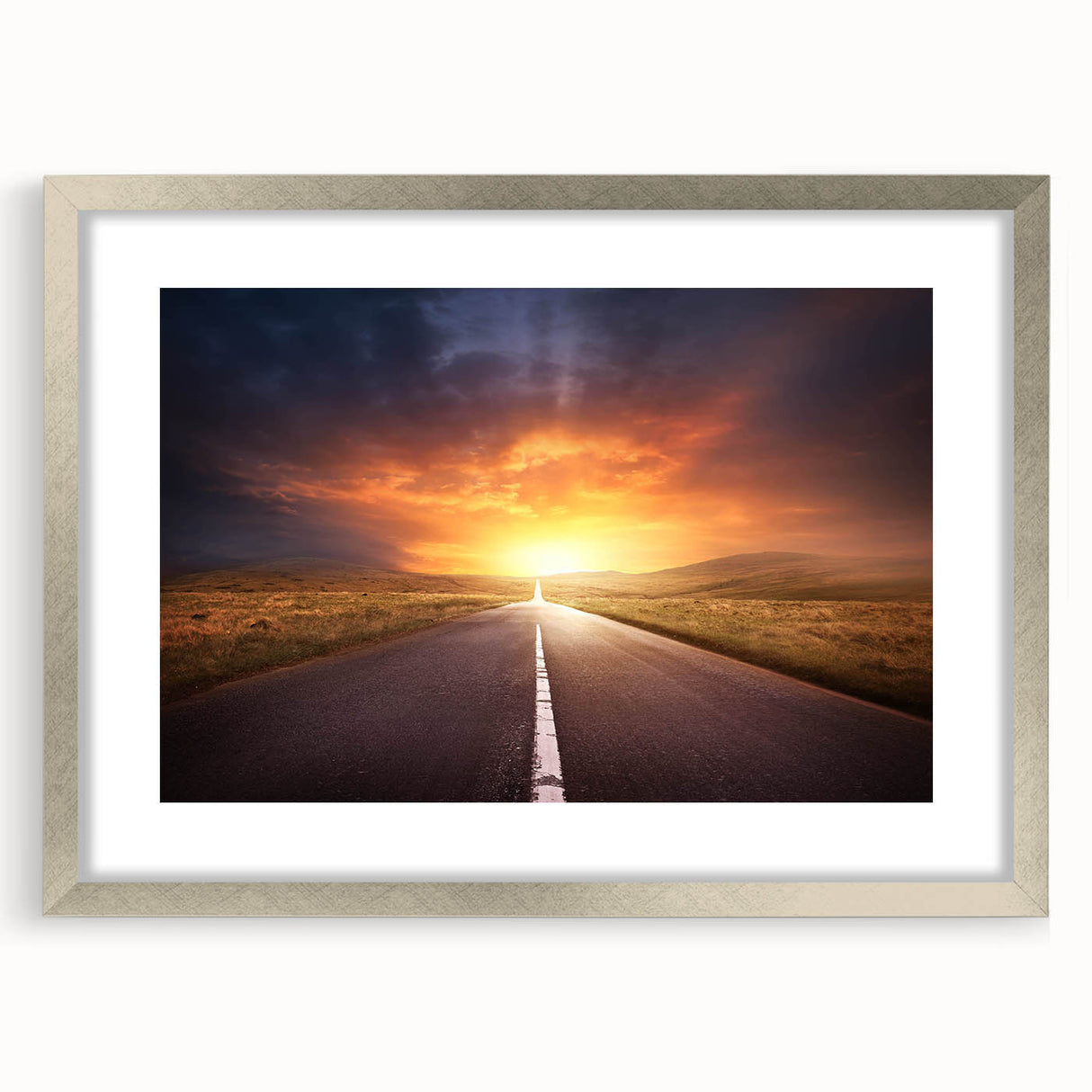 Framed wall art collection showcasing a scenic landscape with winding roads, presented in a sleek silver frame with a white mat, perfect for enhancing home decor.