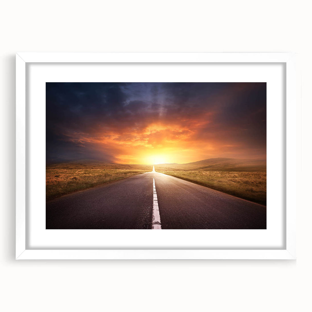 Framed landscape wall art collection showcasing a serene road scene, featuring a white mat and sleek frame, perfect for modern home decor.