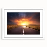 Framed landscape wall art collection showcasing a serene road scene, featuring a white mat and sleek frame, perfect for modern home decor.