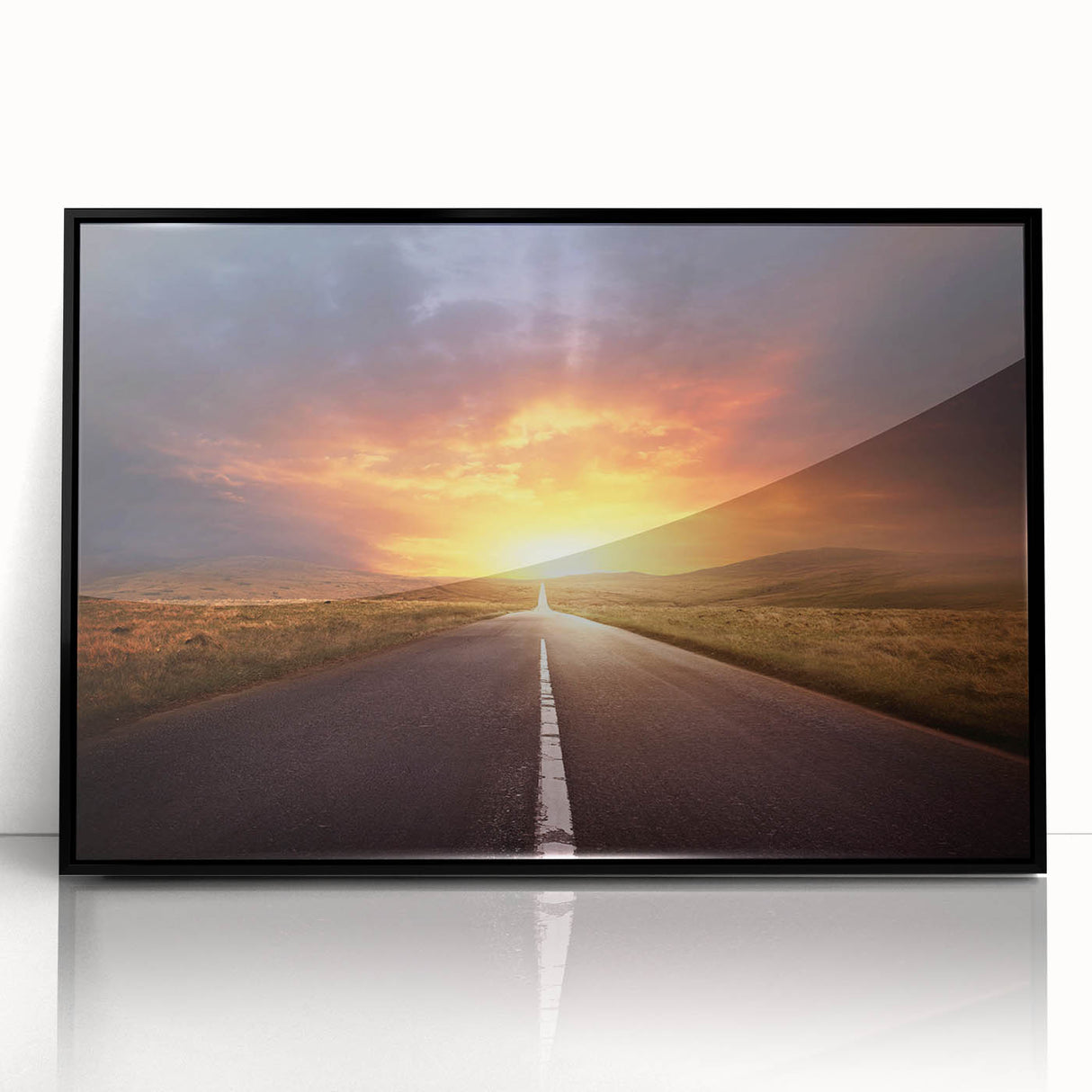 Framed acrylic wall art depicting a scenic landscape road design, featuring vibrant colors and a sleek black frame, ideal for home or office decor.
