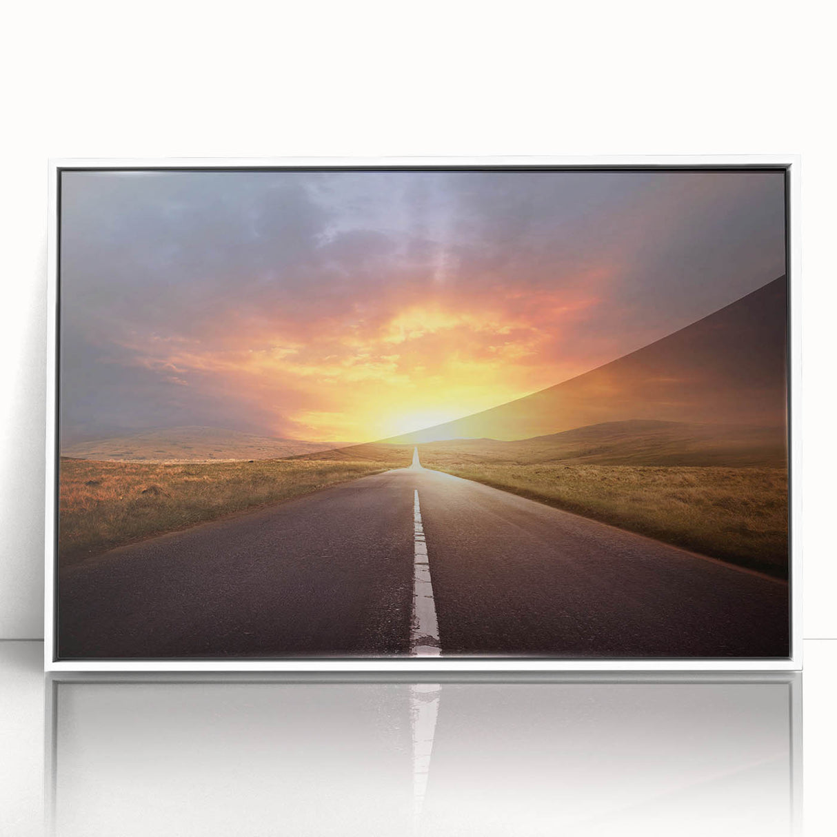 Framed acrylic wall art showcasing a scenic landscape with winding roads, presented in a sleek white frame, perfect for modern home decor. Ideal for nature lovers.