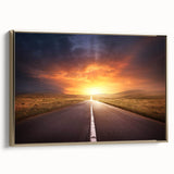 Framed canvas wall art showcasing a scenic landscape with winding roads and lush greenery, accented by a gold frame, ideal for home decor and aesthetic enhancement.