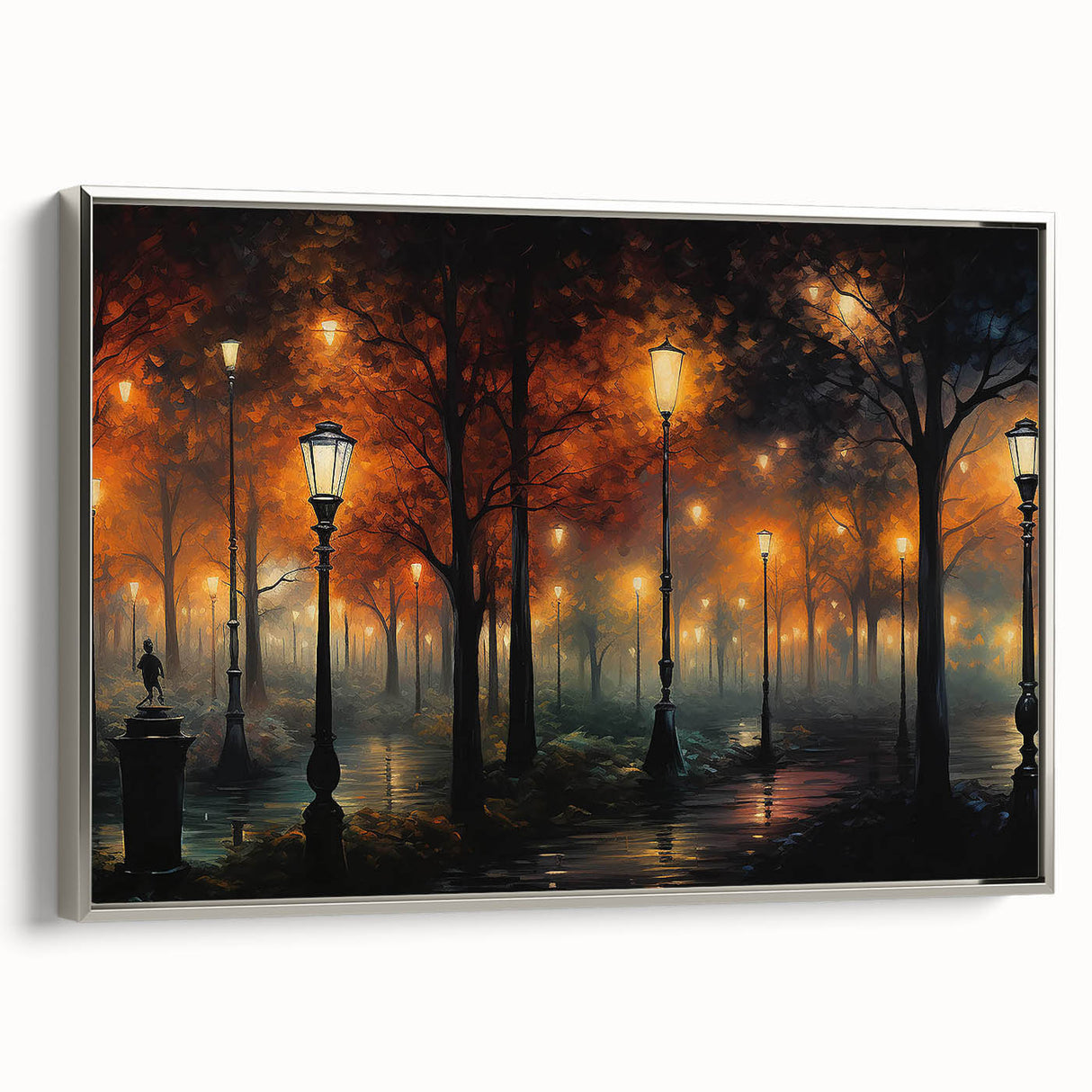 Framed canvas wall art showcasing a scenic landscape with winding roads and lush greenery, featuring a sleek silver frame, ideal for modern home decor.