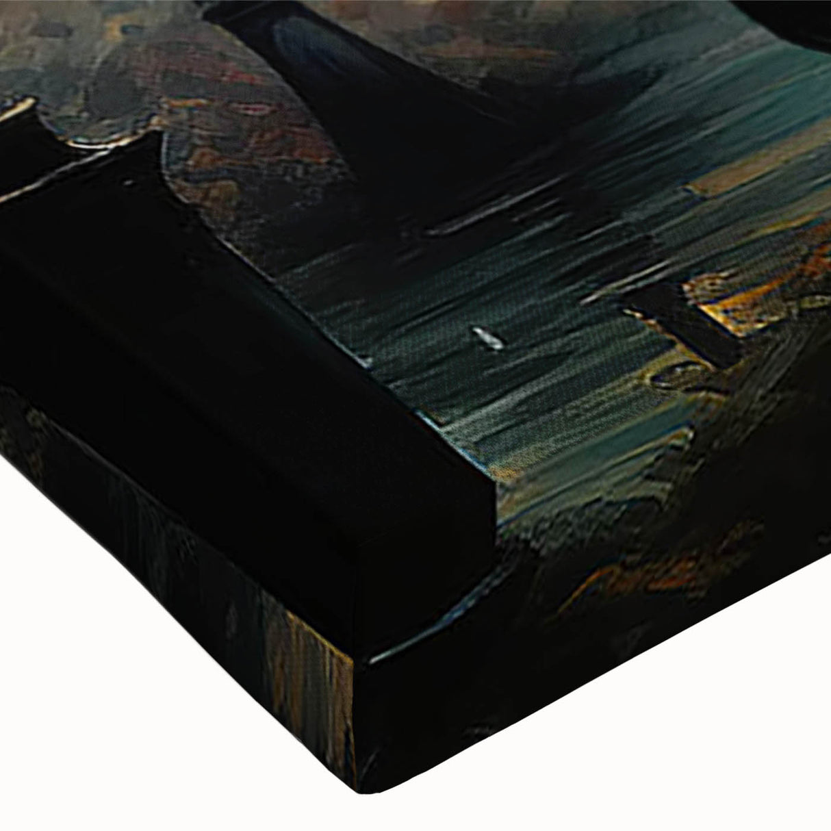 Close-up of a stretched canvas wall art piece depicting a serene landscape with winding roads, vibrant colors, and intricate details, ideal for home decor enhancement.