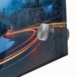 Close-up of an acrylic glass wall art piece showcasing a vibrant landscape with winding roads, featuring rich colors and intricate details that enhance any decor.