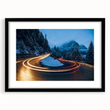 Framed black wall art showcasing a scenic landscape road design, perfect for home decor, featuring a sleek mat for an elegant presentation.