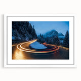 Framed wall art collection showcasing a serene landscape with winding roads, set in a sleek white mat and frame, ideal for modern home decor.