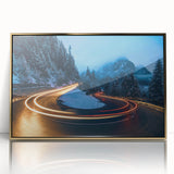 Framed acrylic wall art featuring a modern landscape design with roads and vibrant colors, set in a sleek gold frame for contemporary decor. Perfect for enhancing living spaces.