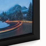 Framed canvas wall art showcasing a vibrant landscape design with winding roads and lush greenery, perfect for enhancing home decor and interior design aesthetics.