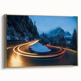 Framed canvas art featuring a scenic landscape with winding roads and lush greenery, accented by a gold frame, perfect for home decor and modern interiors.