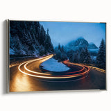 Framed canvas wall art showcasing a contemporary landscape design with silver accents, featuring winding roads and vibrant colors, perfect for modern home decor.