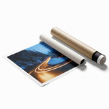 Rolled canvas print showcasing a serene landscape featuring winding roads and vibrant greenery, perfect for home decor or office art. The artwork captures a peaceful ambiance and is designed to enhance any space.