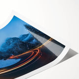 Rolled print of a serene landscape featuring winding roads and vibrant greenery, designed for wall art display, showcasing natural beauty and tranquility.