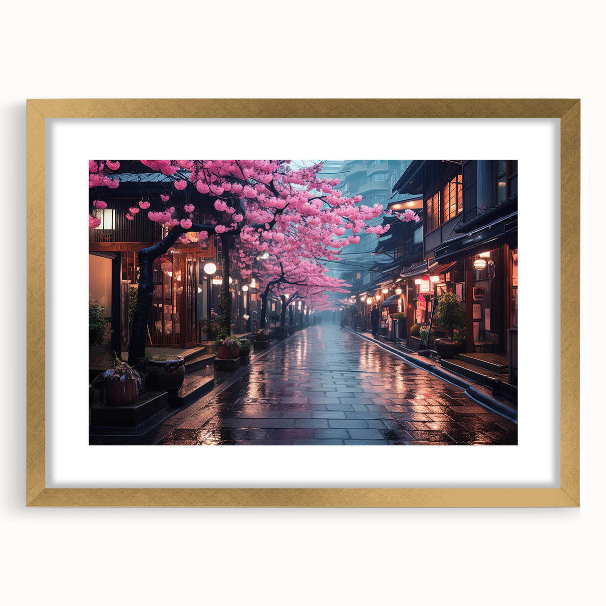 Framed landscape wall art featuring a serene road design with a gold mat, perfect for home decor. The artwork showcases vibrant colors and intricate details, ideal for enhancing interior spaces.