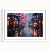 Elegant framed wall art featuring a serene landscape with winding roads and lush greenery, presented in a white mat and frame, ideal for home decor.