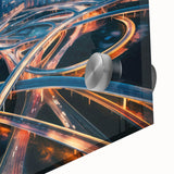 Close-up of a vibrant acrylic glass wall art piece showcasing a scenic landscape with winding roads, perfect for home decor, emphasizing modern design and color contrast.