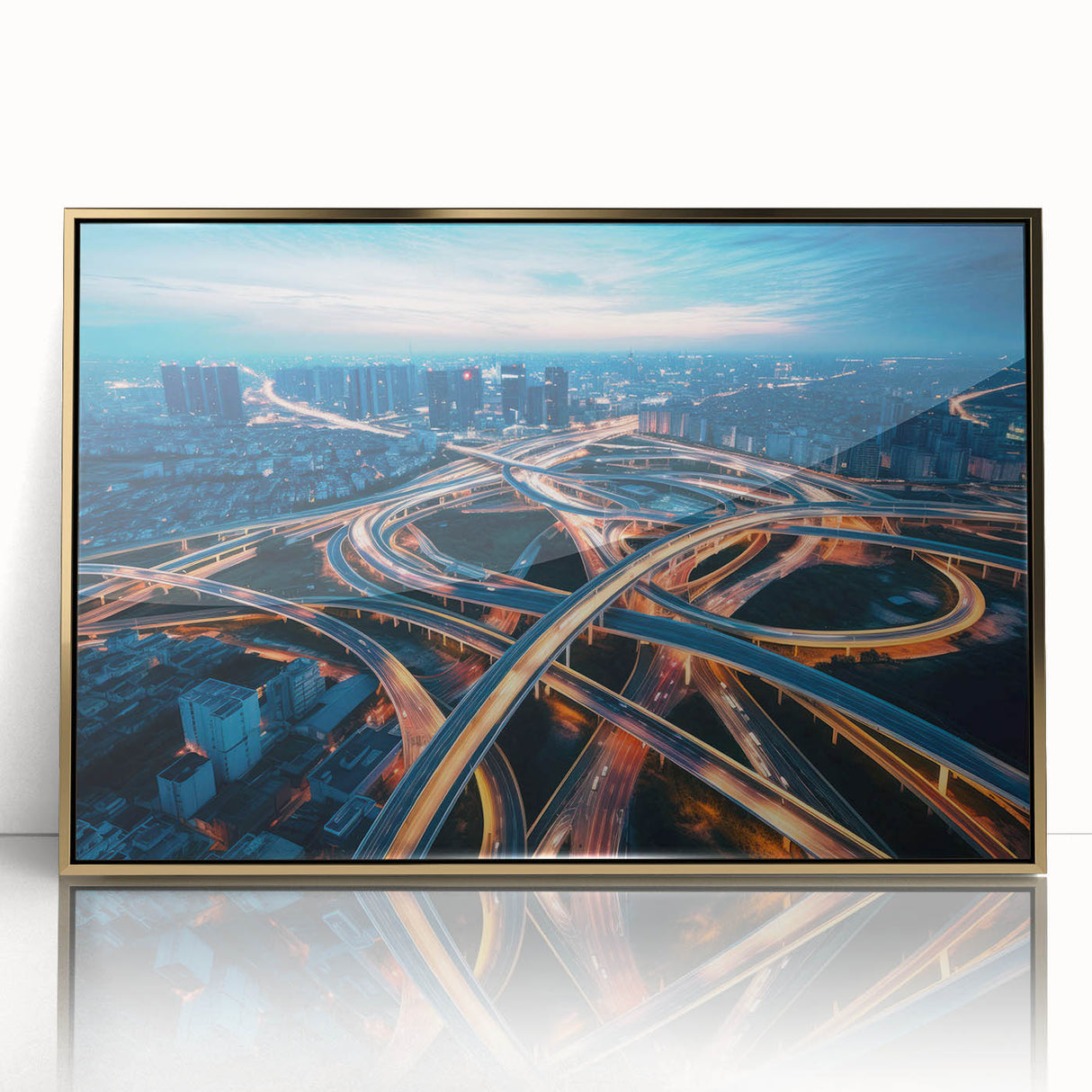 Framed acrylic wall art featuring a contemporary landscape with golden accents, designed to elevate modern home decor. Ideal for living spaces or offices.