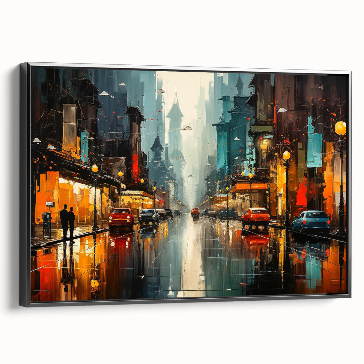 Framed canvas wall art depicting a serene landscape with winding roads and vibrant greenery, showcased in a sleek black frame, perfect for modern home decor.