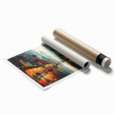 Vibrant rolled wall art print showcasing a scenic landscape with winding roads and lush greenery, perfect for home decor or office settings, delivered in a secure tube.