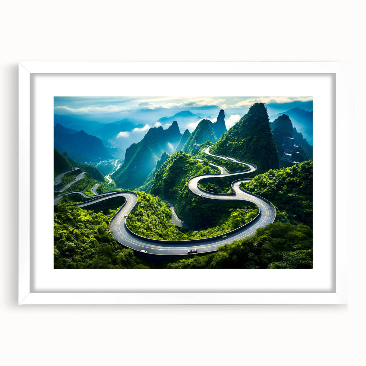 Framed wall art showcasing a serene landscape with winding roads and vibrant greenery, featuring a white mat and sleek frame, perfect for home decor.