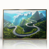 Framed acrylic wall art showcasing a scenic landscape with winding roads and vibrant colors, accented by a gold frame, perfect for home decor.