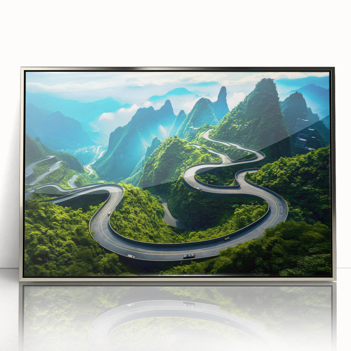 Framed acrylic wall art featuring a stunning landscape with winding roads and vibrant natural colors, designed to enhance modern home decor and create an inviting atmosphere.
