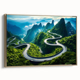 Framed canvas wall art featuring a stunning landscape of winding roads under a golden sunset, showcasing vibrant colors and intricate details, perfect for home decor.