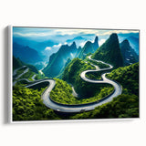 Framed canvas wall art showcasing a serene landscape with winding roads and lush greenery, designed in a modern style with a white frame, perfect for home decor.