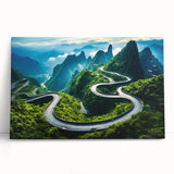 Stretched canvas wall art showcasing a serene landscape with winding roads and lush greenery, perfect for enhancing home decor. Ideal for nature lovers and art enthusiasts.