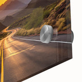 Close-up of a vibrant acrylic glass wall art piece depicting a serene landscape with winding roads, showcasing rich colors and intricate details, perfect for home decor.