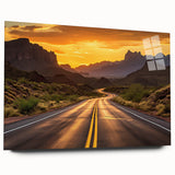Side view of a sleek acrylic glass wall art piece showcasing a serene landscape with winding roads, perfect for modern home decor. The design features vibrant colors and intricate details, enhancing any living space.