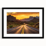 Framed black wall art featuring a scenic landscape design with a road, elegantly matted for display. Perfect for enhancing modern home decor aesthetics.