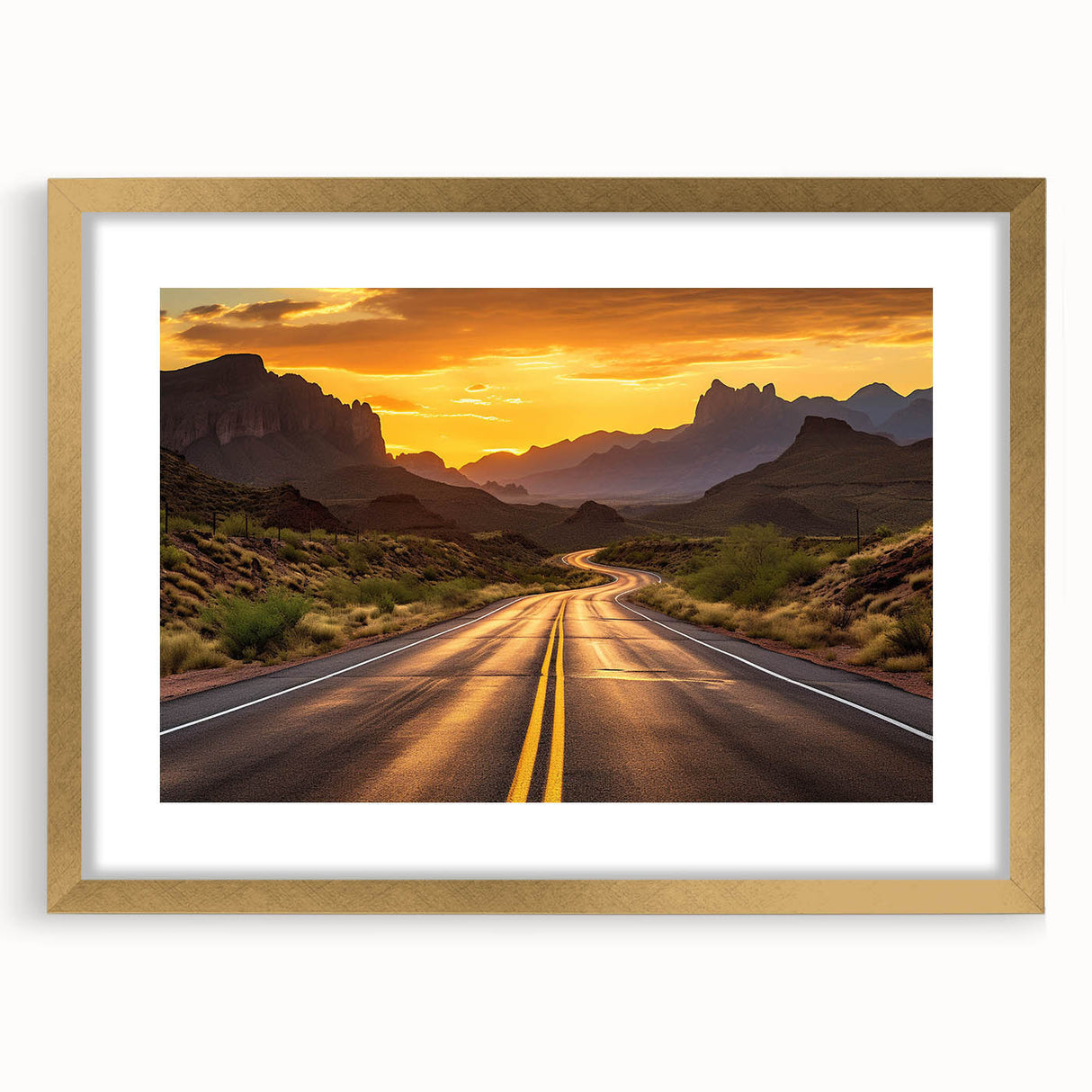 Framed wall art collection showcasing scenic landscapes and roads, featuring a gold mat and frame for an elegant display. Ideal for enhancing home decor aesthetics.