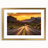 Framed wall art collection showcasing scenic landscapes and roads, featuring a gold mat and frame for an elegant display. Ideal for enhancing home decor aesthetics.