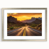 Framed wall art featuring a serene landscape road design in a silver frame with a mat, showcasing tranquil colors and inviting scenery, perfect for home decor.