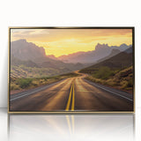 Framed acrylic wall art of a scenic landscape road design, featuring golden accents and a modern aesthetic, perfect for home decor enhancement.