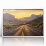 Framed wall art featuring a scenic landscape design with winding roads, presented in a sleek white frame, perfect for enhancing modern interior decor.