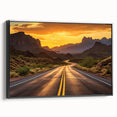 Framed canvas wall art showcasing a scenic landscape with winding roads, highlighted by vibrant colors and sleek black framing, perfect for modern home decor.