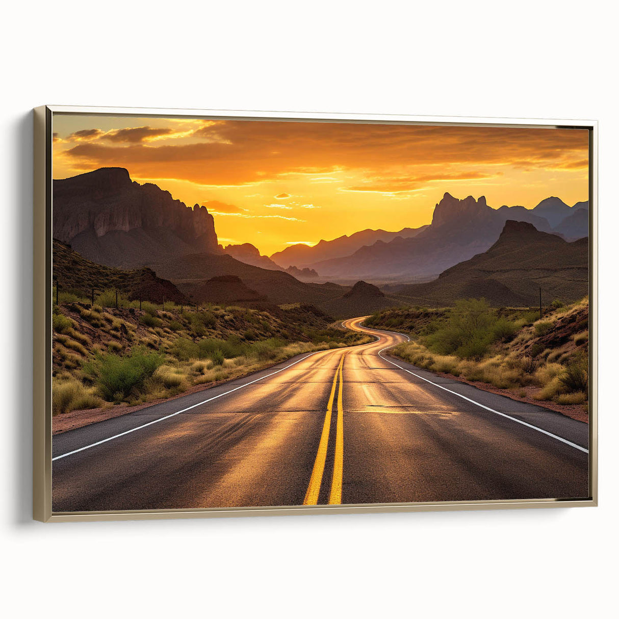Framed wall art featuring a stunning landscape design with winding roads and vibrant colors, highlighted by a gold frame, perfect for modern home decor.