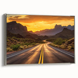 Framed canvas wall art showcasing a serene landscape design with winding roads and lush greenery, accented by a sleek silver frame, ideal for modern decor.