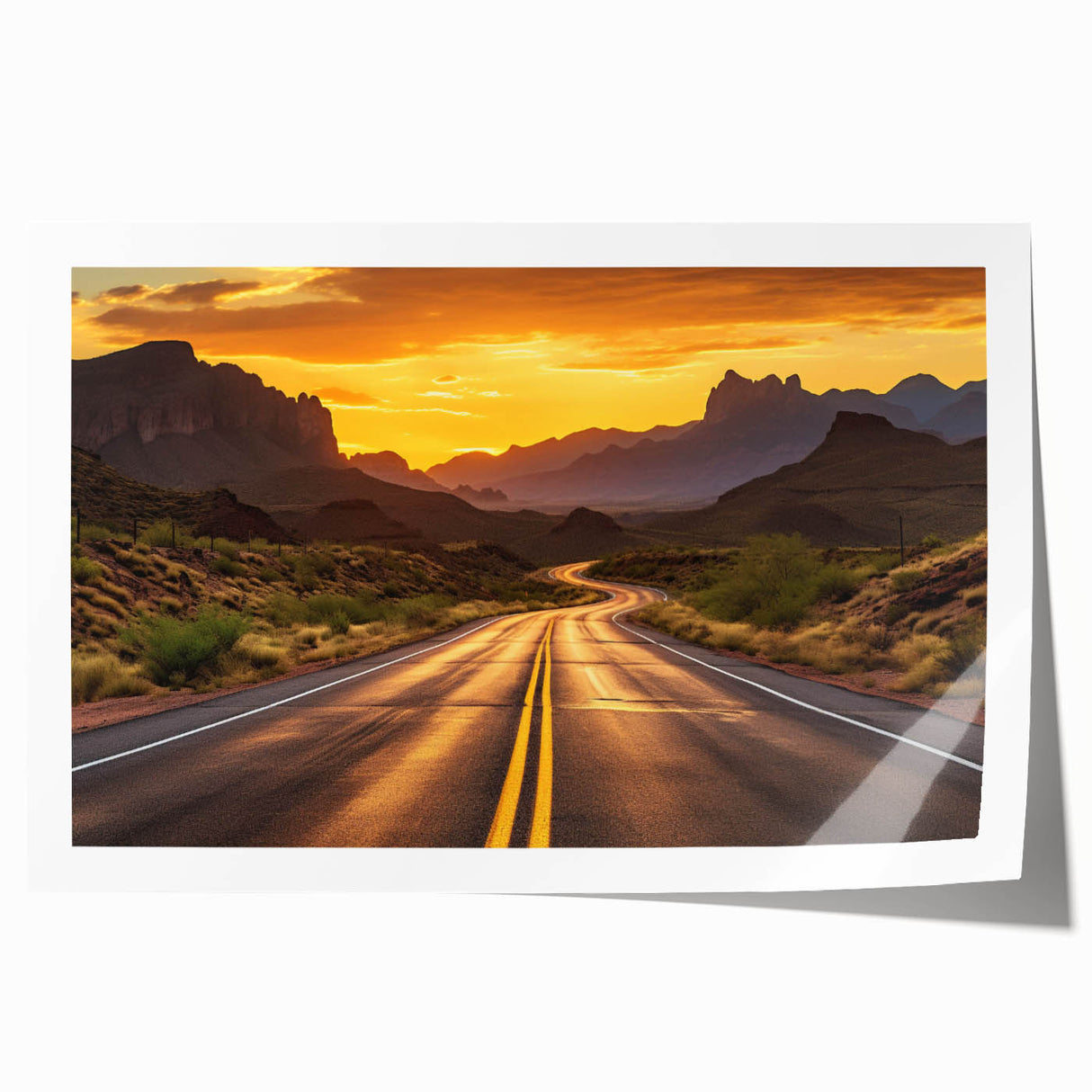 Vibrant rolled print showcasing a serene landscapes and roads design, ideal for home decor, featuring rich colors and intricate details, packaged securely in a cardboard tube.