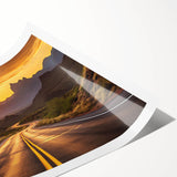 Rolled print showcasing a vibrant landscape road design, featuring rich colors and intricate details, ideal for home décor, curated in a protective cardboard tube.