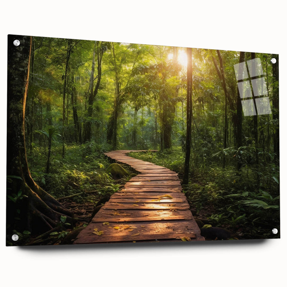 Side view of a modern acrylic glass wall art piece showcasing a vibrant landscape design, featuring intricate road patterns and a pin-mounted aesthetic, ideal for contemporary decor.