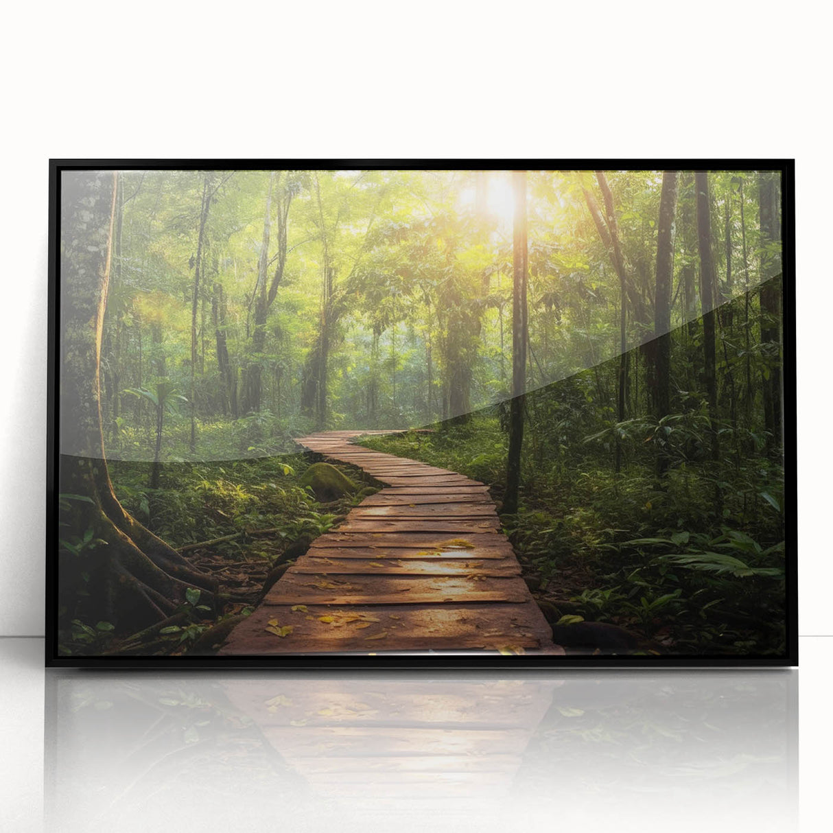 Framed acrylic wall art featuring a vibrant landscape design with winding roads, displayed in a sleek black frame, perfect for enhancing modern interiors.