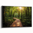 Framed canvas artwork displaying a scenic road landscape design in muted tones, featuring a sleek black frame, ideal for modern home decor or office settings.