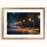 Framed wall art featuring a scenic landscape design with a road, elegantly bordered by a gold mat, ideal for enhancing home decor aesthetics.